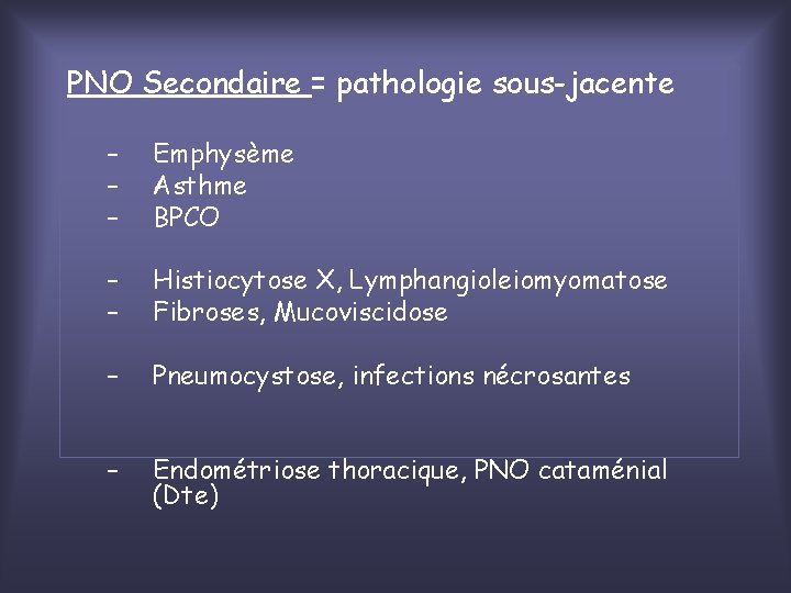 PNO Secondaire = pathologie sous-jacente – – – Emphysème Asthme BPCO – – Histiocytose