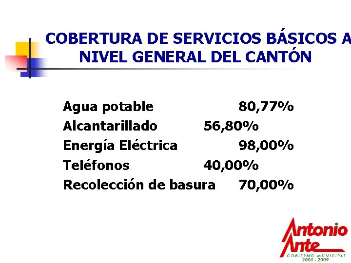 COBERTURA DE SERVICIOS BÁSICOS A NIVEL GENERAL DEL CANTÓN Agua potable 80, 77% Alcantarillado