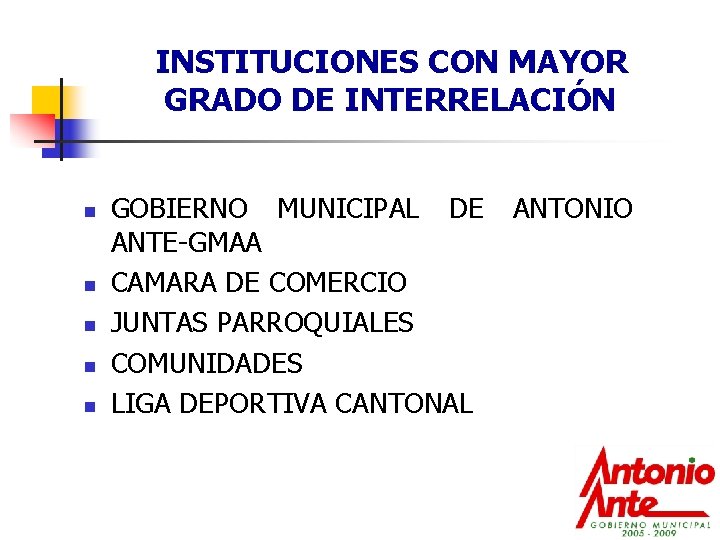 INSTITUCIONES CON MAYOR GRADO DE INTERRELACIÓN n n n GOBIERNO MUNICIPAL DE ANTE-GMAA CAMARA