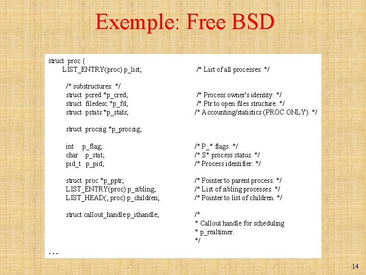 Exemple: Free BSD struct proc { LIST_ENTRY(proc) p_list; /* substructures: */ struct pcred *p_cred;