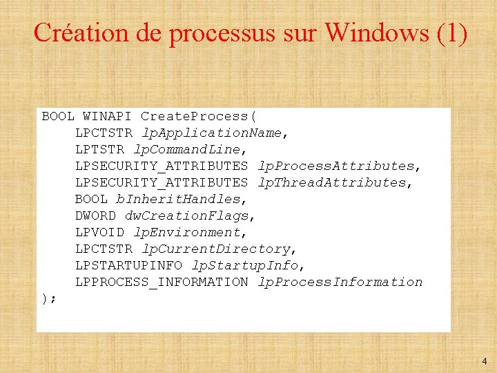 Création de processus sur Windows (1) BOOL WINAPI Create. Process( LPCTSTR lp. Application. Name,