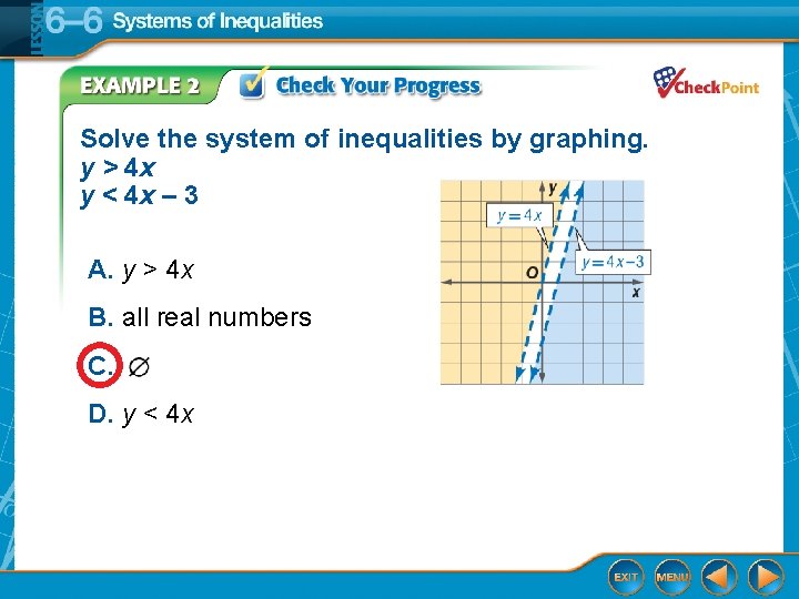 Solve the system of inequalities by graphing. y > 4 x y < 4
