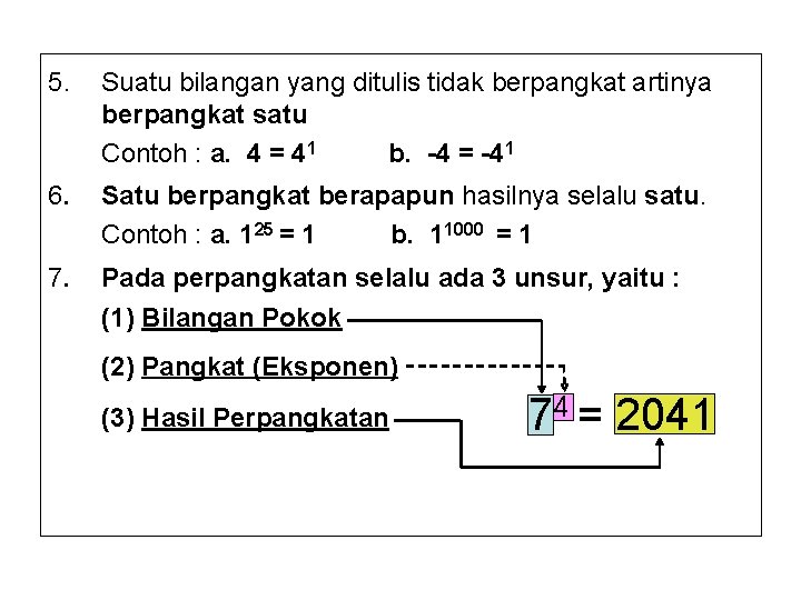 5. Suatu bilangan yang ditulis tidak berpangkat artinya berpangkat satu Contoh : a. 4