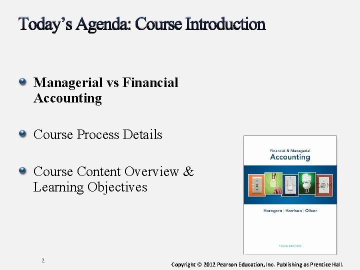 Today’s Agenda: Course Introduction Managerial vs Financial Accounting Course Process Details Course Content Overview