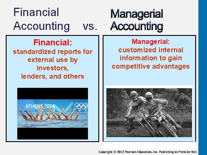 Financial Accounting vs. Financial: standardized reports for external use by investors, lenders, and others