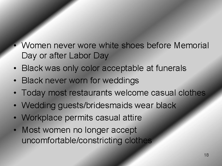  • Women never wore white shoes before Memorial Day or after Labor Day