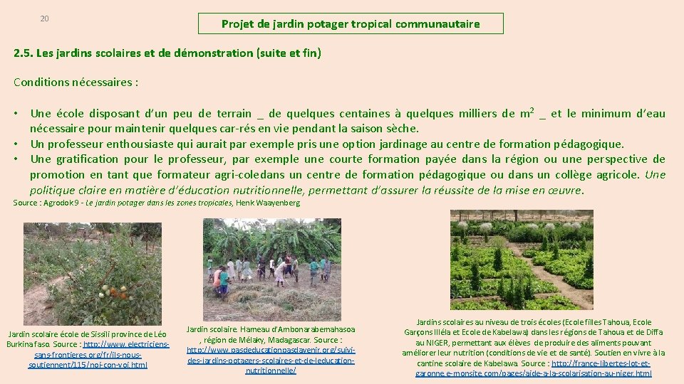 20 Projet de jardin potager tropical communautaire 2. 5. Les jardins scolaires et de