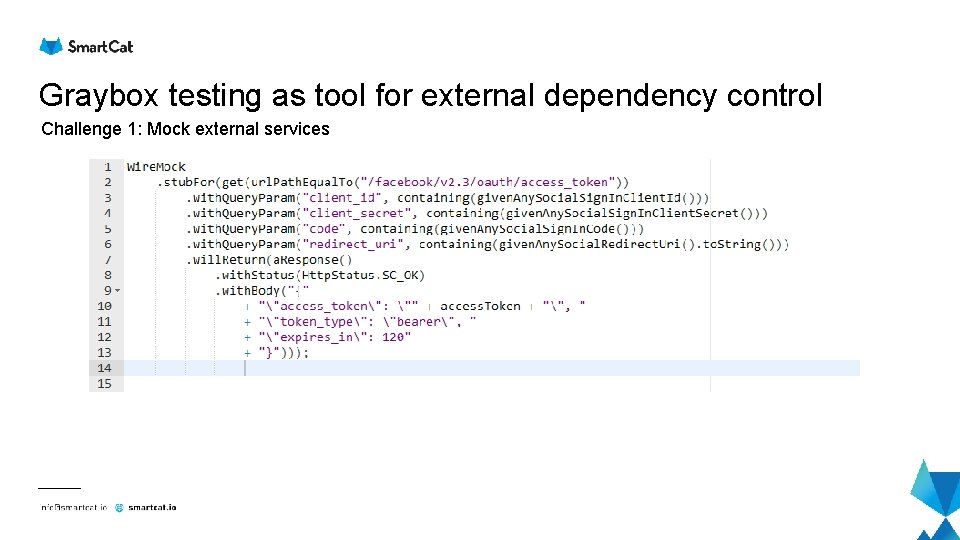 Graybox testing as tool for external dependency control Challenge 1: Mock external services Graybox testing as tool for external dependency control Challenge 1: Mock external services