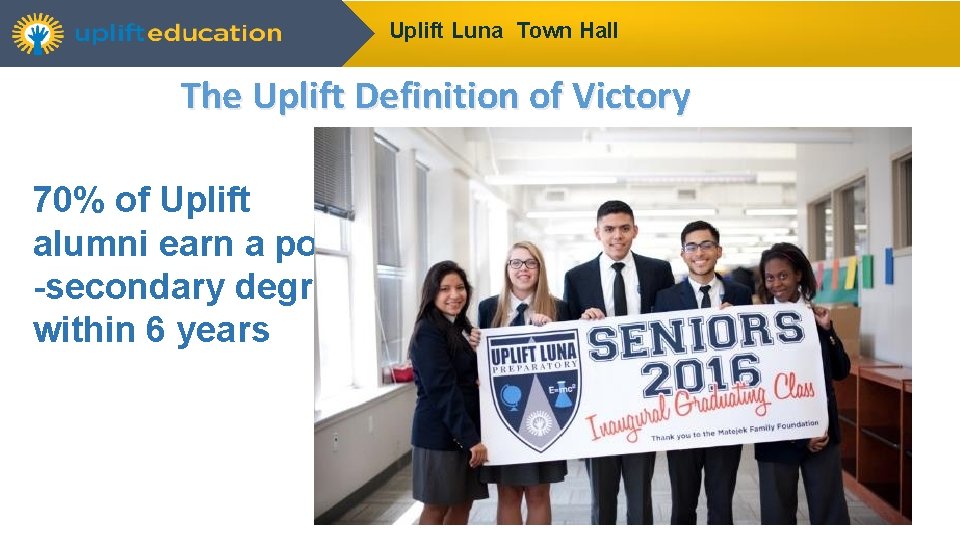 Uplift Luna Town Hall The Uplift Definition of Victory 70% of Uplift alumni earn