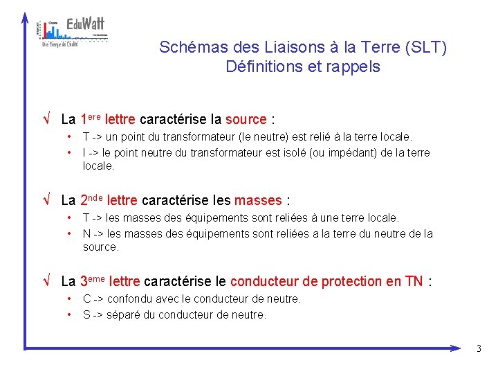 Schémas des Liaisons à la Terre (SLT) Définitions et rappels √ La 1 ere
