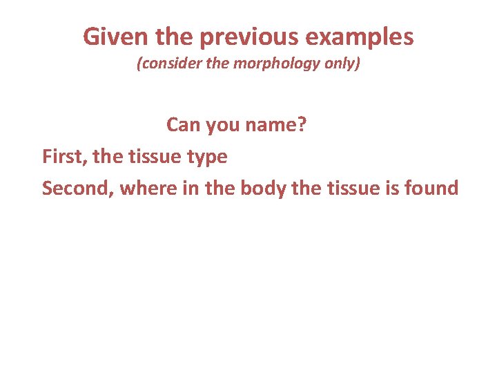Given the previous examples (consider the morphology only) Can you name? First, the tissue
