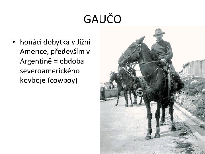 GAUČO • honáci dobytka v Jižní Americe, především v Argentině = obdoba severoamerického kovboje
