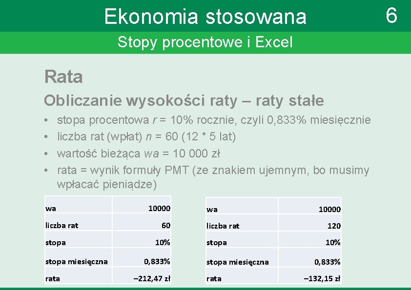 6 Ekonomia stosowana Stopy procentowe i Excel Rata Obliczanie wysokości raty – raty stałe