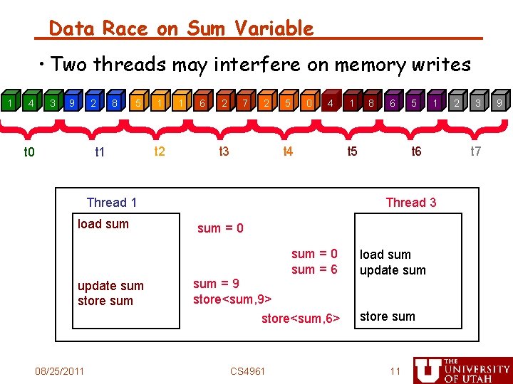 Data Race on Sum Variable • Two threads may interfere on memory writes 4