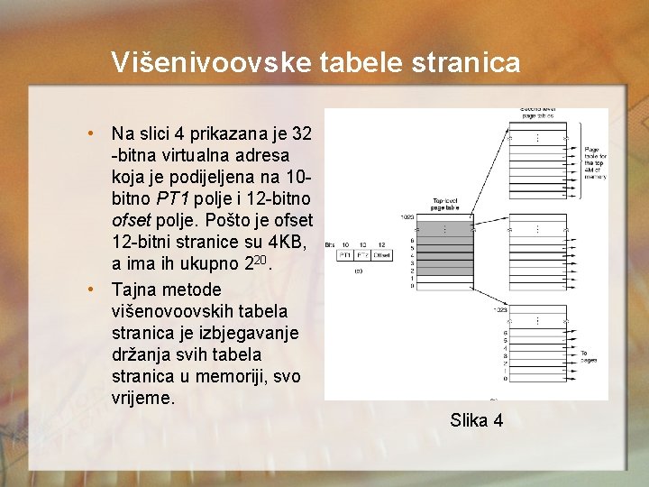 Višenivoovske tabele stranica • Na slici 4 prikazana je 32 -bitna virtualna adresa koja