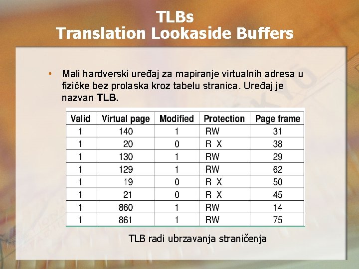 TLBs Translation Lookaside Buffers • Mali hardverski uređaj za mapiranje virtualnih adresa u fizičke