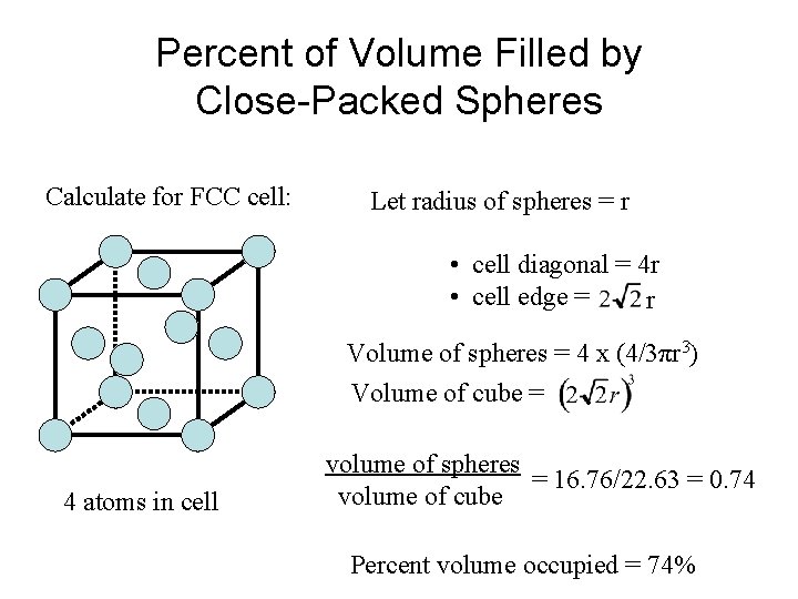 Percent of Volume Filled by Close-Packed Spheres Calculate for FCC cell: Let radius of