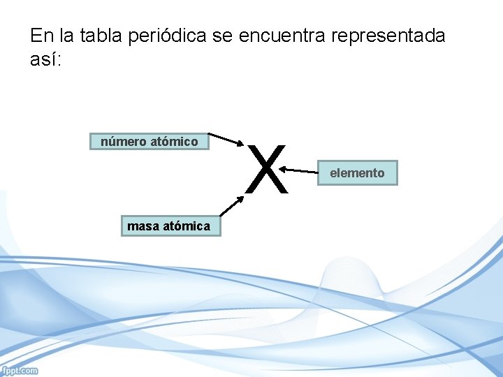 En la tabla periódica se encuentra representada así: número atómico masa atómica X elemento