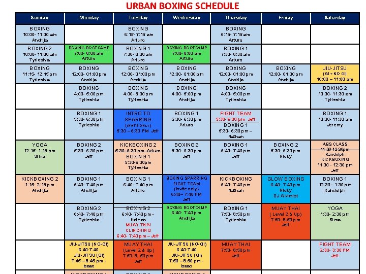 URBAN BOXING SCHEDULE Sunday Monday Tuesday Wednesday Thursday BOXING 10: 00 - 11: 00