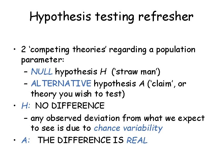 Hypothesis testing refresher • 2 ‘competing theories’ regarding a population parameter: – NULL hypothesis Hypothesis testing refresher • 2 ‘competing theories’ regarding a population parameter: – NULL hypothesis