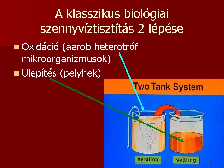 A klasszikus biológiai szennyvíztisztítás 2 lépése n Oxidáció (aerob heterotróf mikroorganizmusok) n Ülepítés (pelyhek)