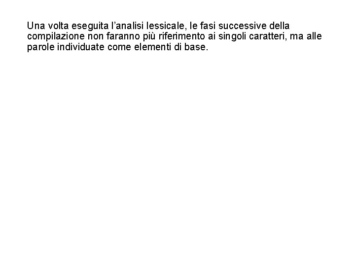 Una volta eseguita l’analisi lessicale, le fasi successive della compilazione non faranno più riferimento