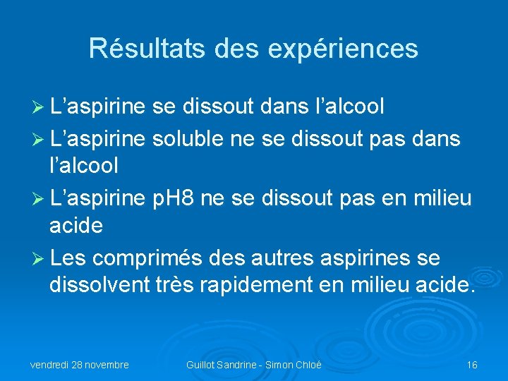Résultats des expériences Ø L’aspirine se dissout dans l’alcool Ø L’aspirine soluble ne se