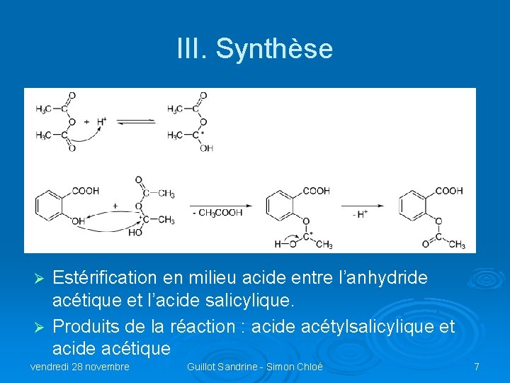 III. Synthèse Estérification en milieu acide entre l’anhydride acétique et l’acide salicylique. Ø Produits