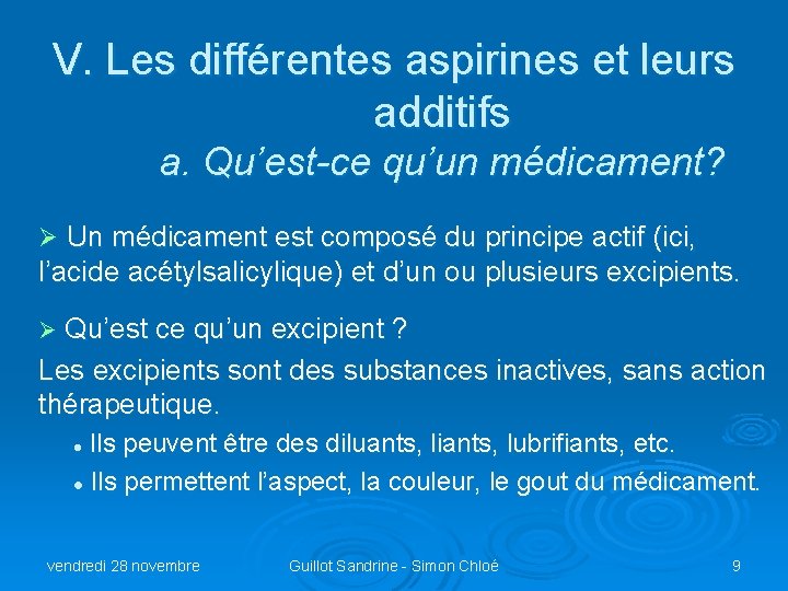 V. Les différentes aspirines et leurs additifs a. Qu’est-ce qu’un médicament? Ø Un médicament