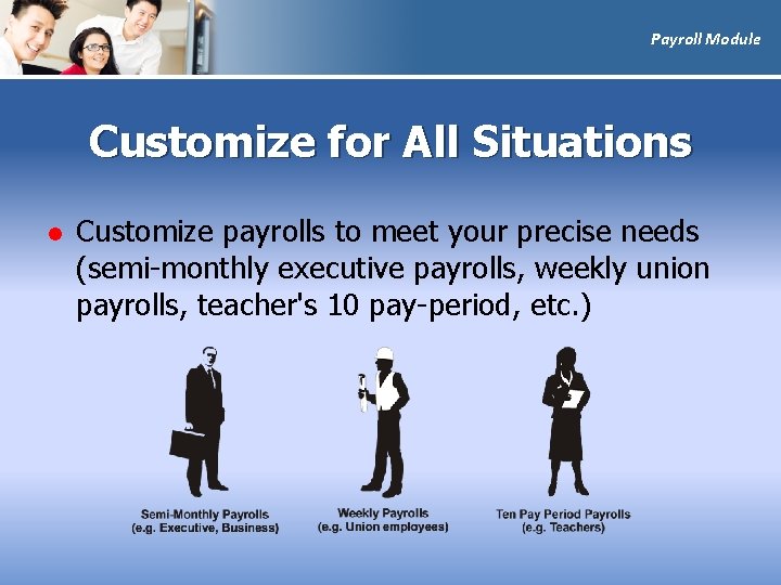 Payroll Module Customize for All Situations l Customize payrolls to meet your precise needs