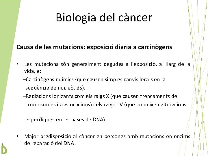 Biologia del càncer Causa de les mutacions: exposició diaria a carcinògens • Les mutacions
