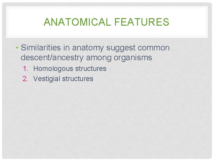 ANATOMICAL FEATURES • Similarities in anatomy suggest common descent/ancestry among organisms 1. Homologous structures ANATOMICAL FEATURES • Similarities in anatomy suggest common descent/ancestry among organisms 1. Homologous structures