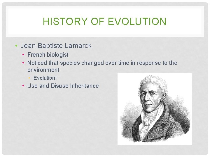 HISTORY OF EVOLUTION • Jean Baptiste Lamarck • French biologist • Noticed that species HISTORY OF EVOLUTION • Jean Baptiste Lamarck • French biologist • Noticed that species
