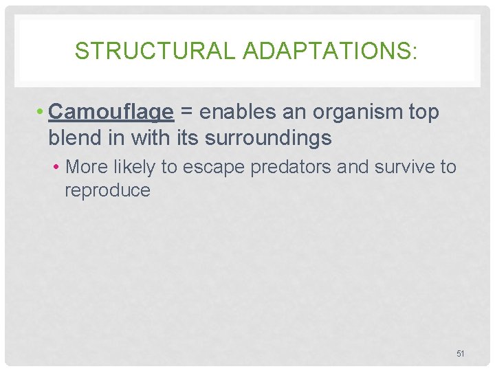 STRUCTURAL ADAPTATIONS: • Camouflage = enables an organism top blend in with its surroundings STRUCTURAL ADAPTATIONS: • Camouflage = enables an organism top blend in with its surroundings