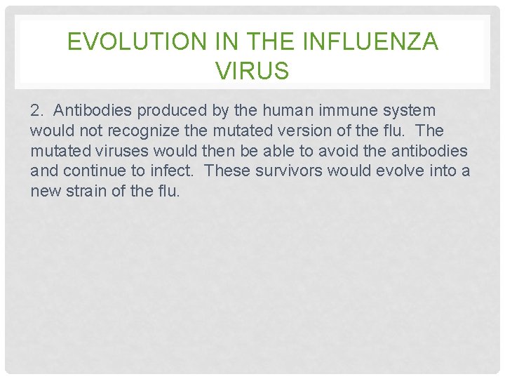 EVOLUTION IN THE INFLUENZA VIRUS 2. Antibodies produced by the human immune system would EVOLUTION IN THE INFLUENZA VIRUS 2. Antibodies produced by the human immune system would