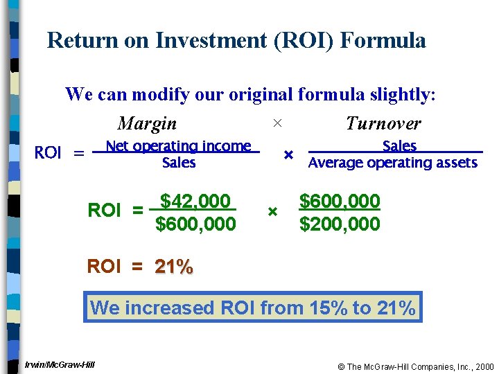 Return on Investment (ROI) Formula We can modify our original formula slightly: Margin ×