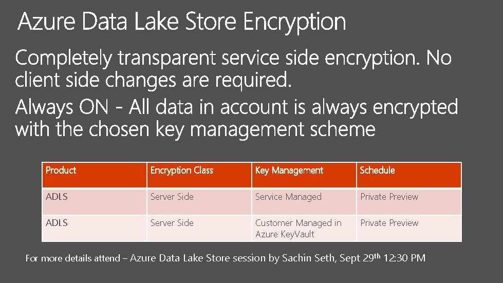 Product Encryption Class Key Management Schedule ADLS Server Side Service Managed Private Preview ADLS