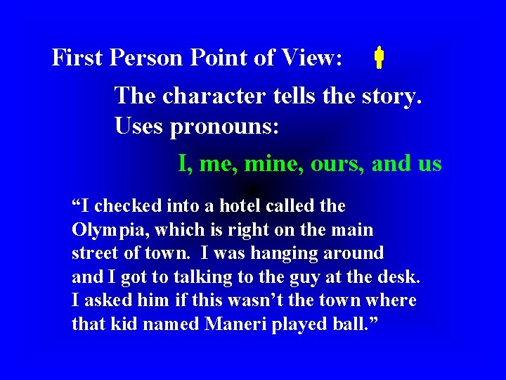 First Person Point of View: The character tells the story. Uses pronouns: I, me,