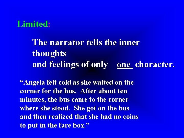 Limited: The narrator tells the inner thoughts and feelings of only one character. “Angela