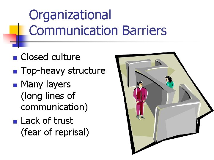 Organizational Communication Barriers n n Closed culture Top-heavy structure Many layers (long lines of