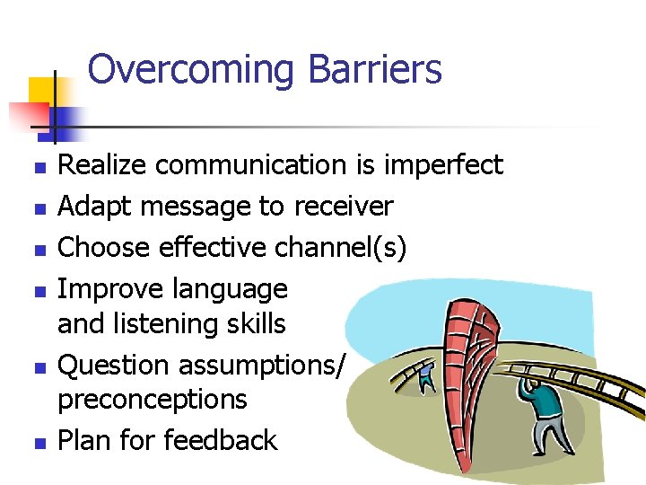 Overcoming Barriers n n n Realize communication is imperfect Adapt message to receiver Choose