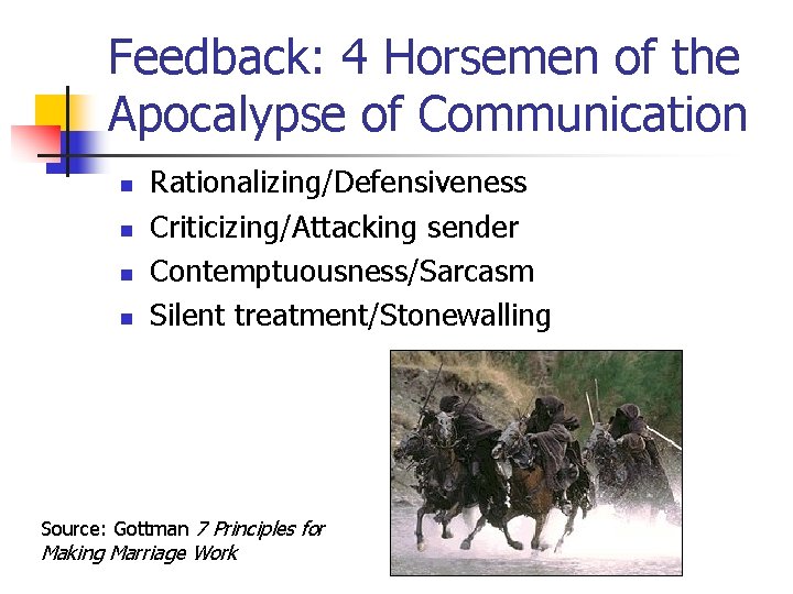 Feedback: 4 Horsemen of the Apocalypse of Communication n n Rationalizing/Defensiveness Criticizing/Attacking sender Contemptuousness/Sarcasm