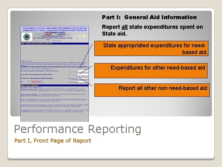 Part I: General Aid Information Report all state expenditures spent on State aid. State