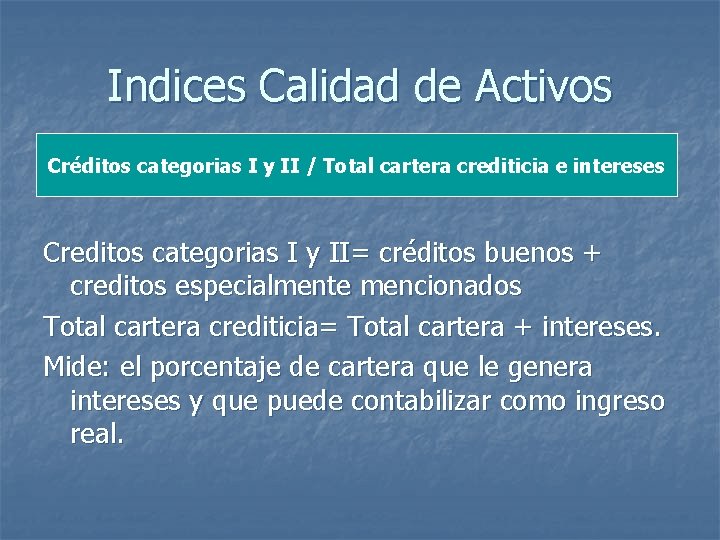 Indices Calidad de Activos Créditos categorias I y II / Total cartera crediticia e