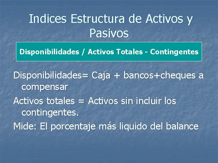 Indices Estructura de Activos y Pasivos Disponibilidades / Activos Totales - Contingentes Disponibilidades= Caja