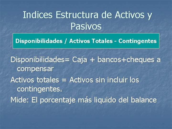 Indices Estructura de Activos y Pasivos Disponibilidades / Activos Totales - Contingentes Disponibilidades= Caja