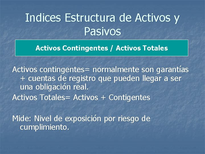 Indices Estructura de Activos y Pasivos Activos Contingentes / Activos Totales Activos contingentes= normalmente