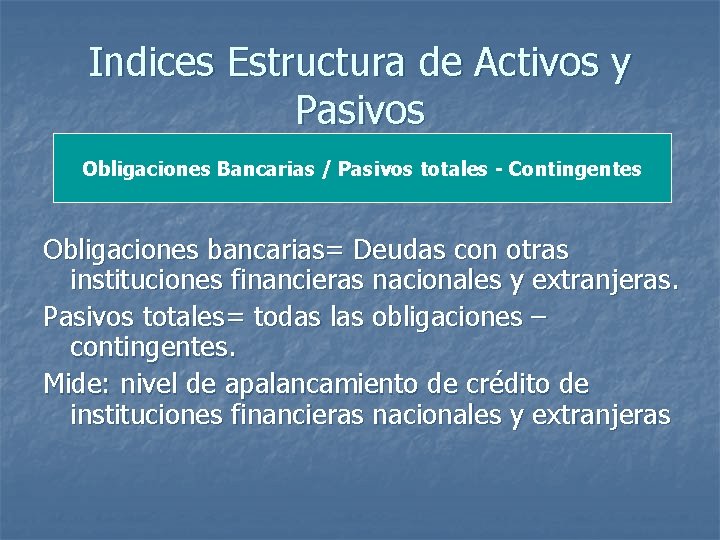 Indices Estructura de Activos y Pasivos Obligaciones Bancarias / Pasivos totales - Contingentes Obligaciones