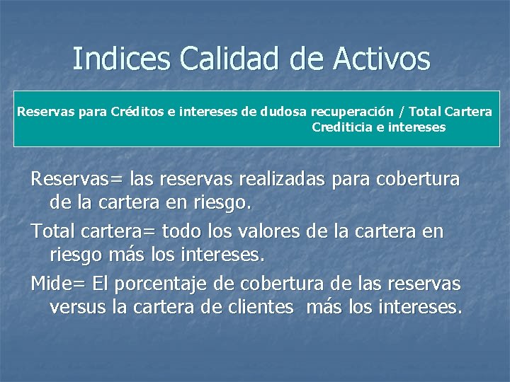 Indices Calidad de Activos Reservas para Créditos e intereses de dudosa recuperación / Total