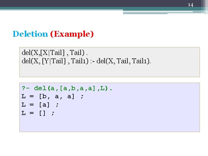 14 Deletion (Example) del(X, [X|Tail] , Tail). del(X, [Y|Tail] , Tail 1) : -